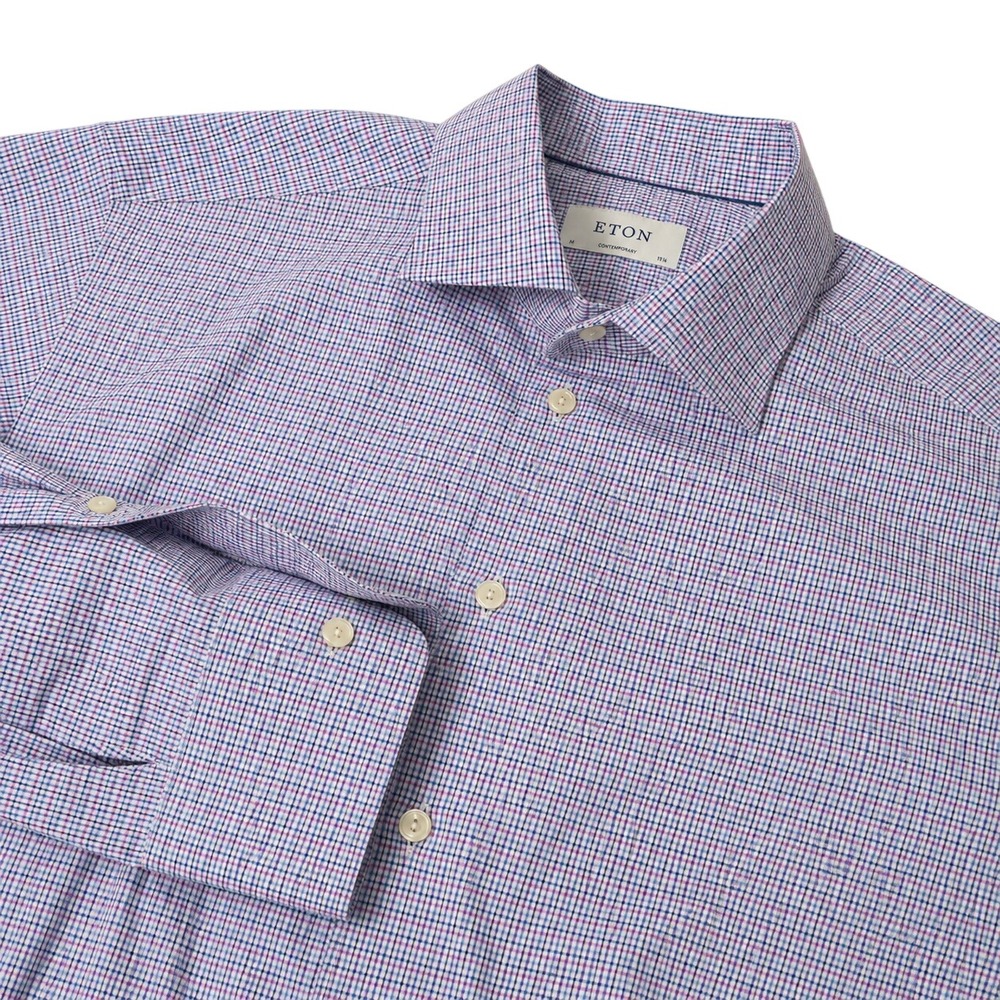 Eton Button Up Shirt Mens 17.5 Blue Pink Contemporary Fit L Micro Check Long Slv